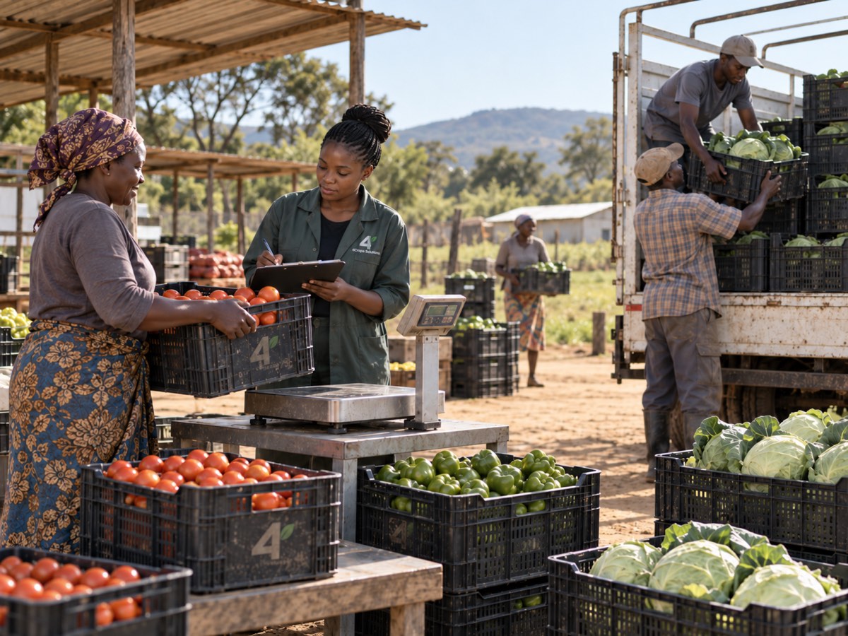 A young agricultural entrepreneur receives a farmer’s produce while colleagues load crates for delivery to market.